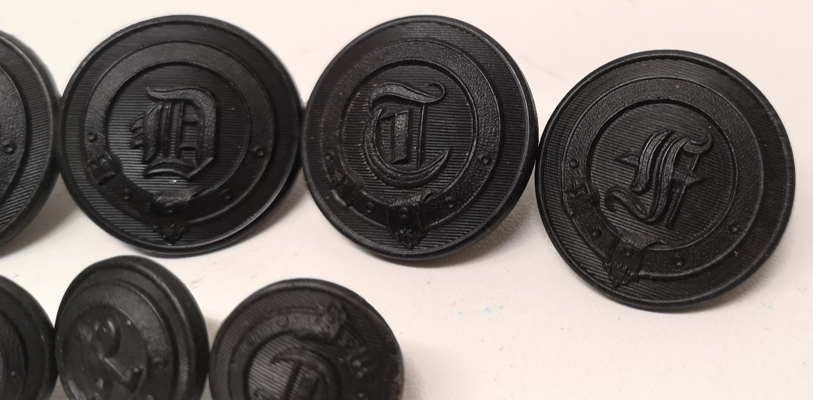 Black Livery / Civilian Buttons with Various Decorative Initial Letters set of 8