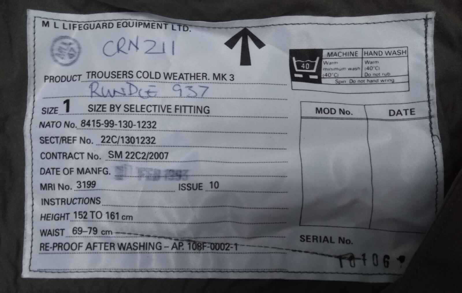 Mk3 Aircrew Trousers Cold Weather M L Lifeguard Equipment LTD British