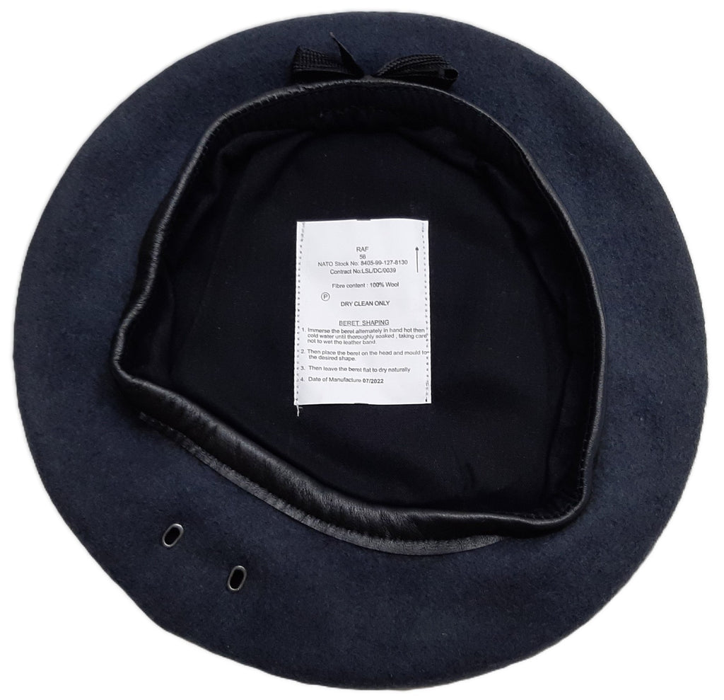 RAF Royal Air Force Beret Knitted Wool Blue Grey With Leather Rim & Badge Eyelets 56cm New