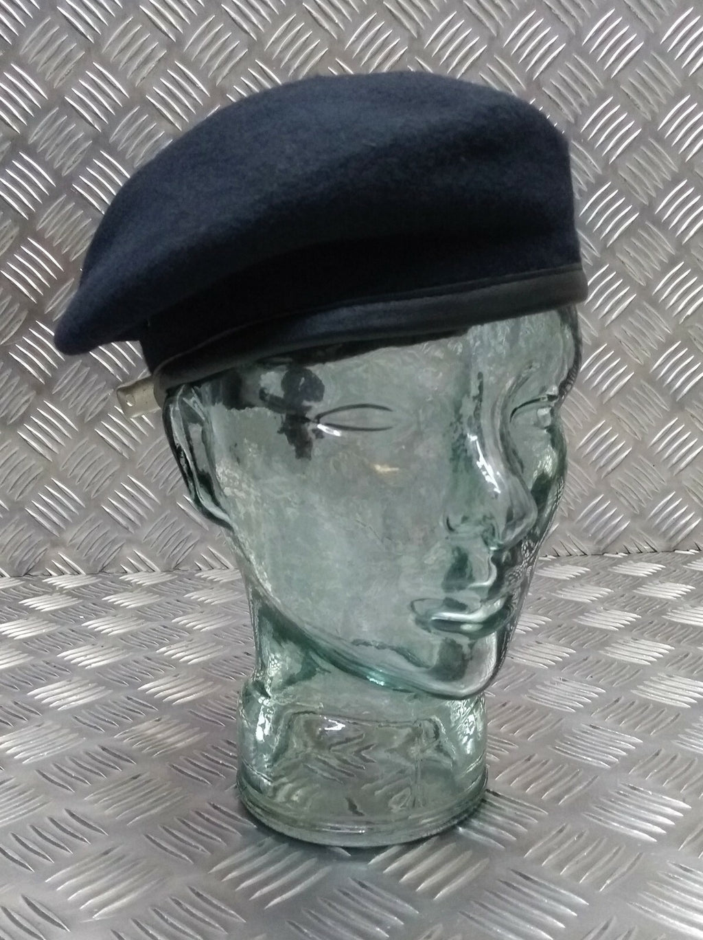 100% Wool Navy Beret Leather Band Made In England 7 1/2 Large NEW