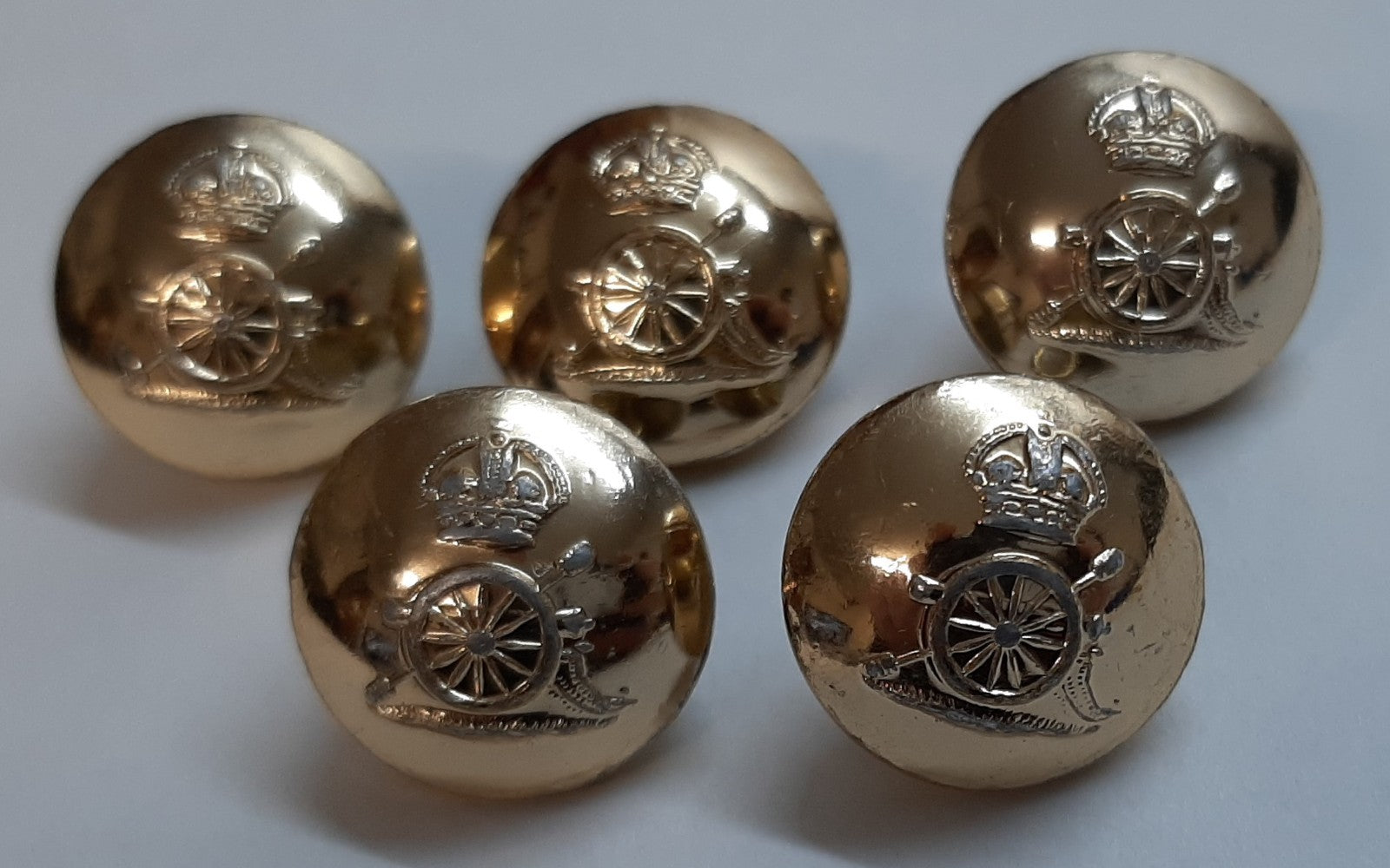 Vintage Army Buttons British Artillery Kings Crown Insignia Ring Backed Buttons