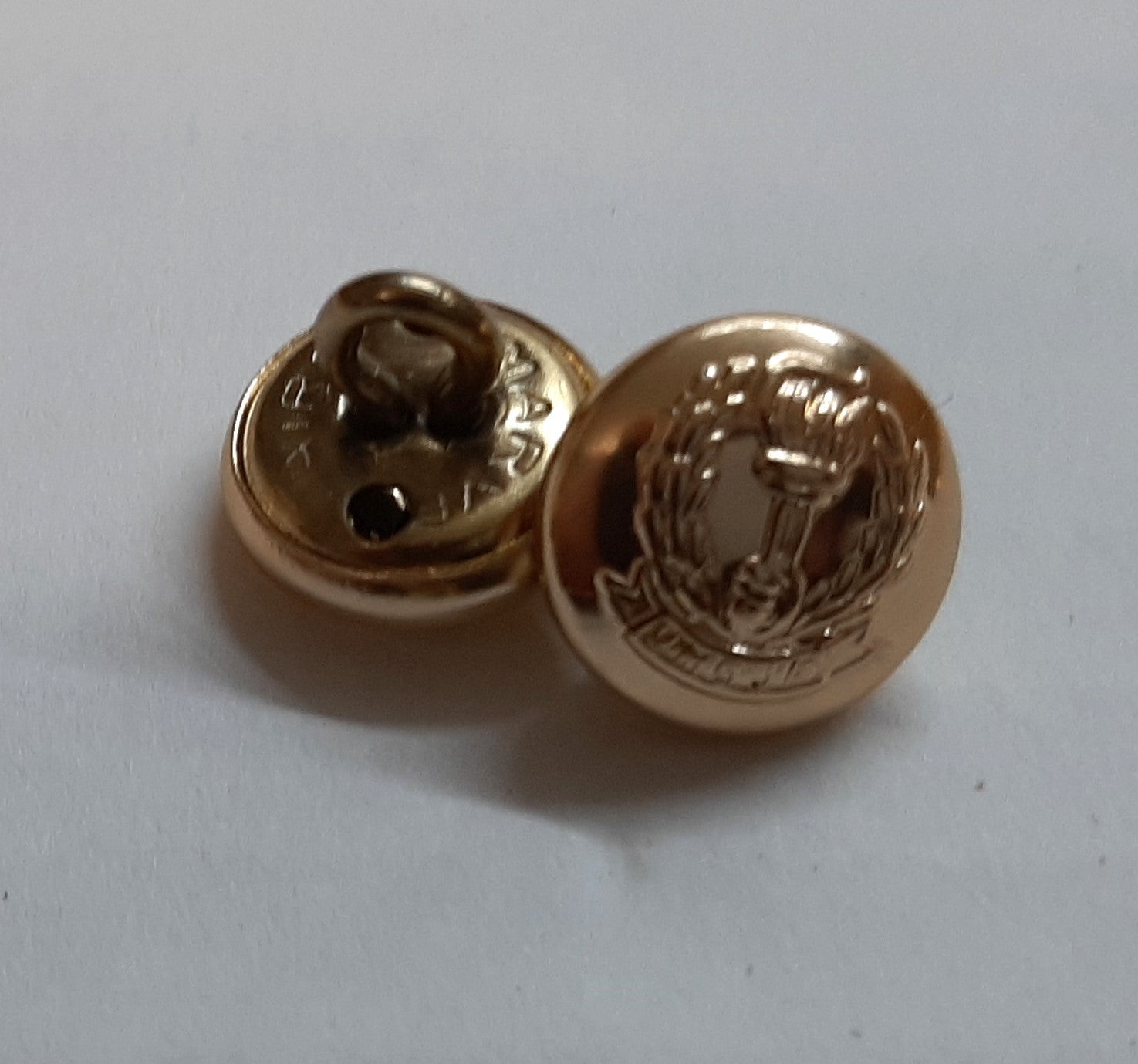 Insignia Hat Buttons Small Gold Coloured Ring Back Hand Torch & Laurel Leaves