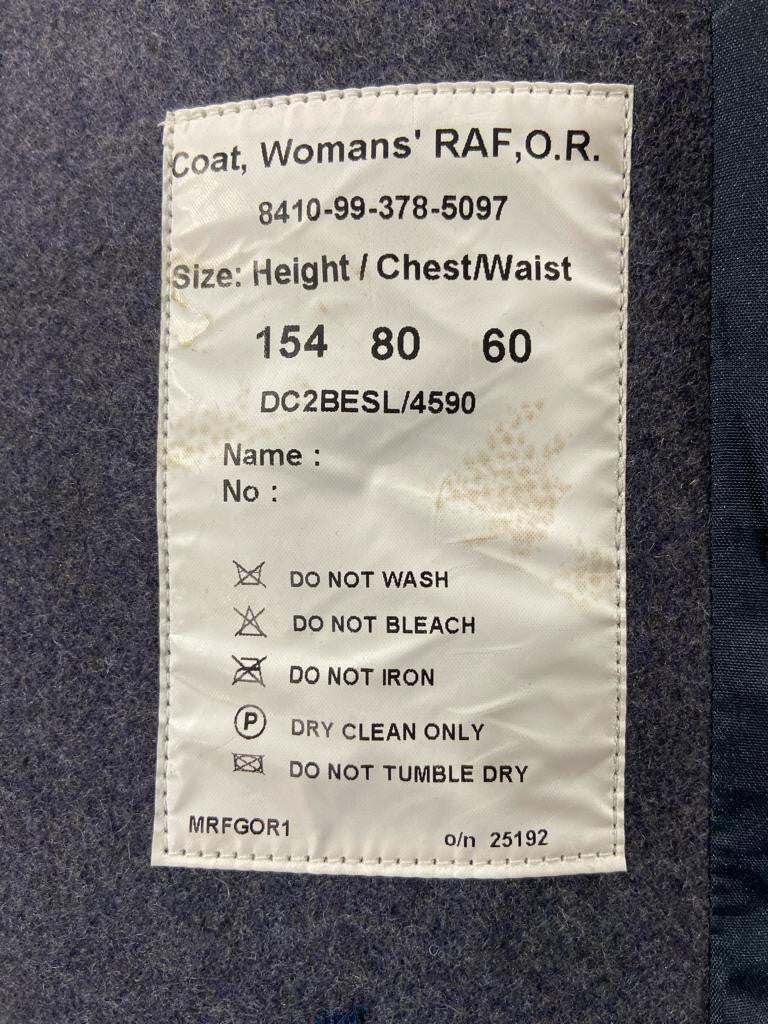 RAF Royal Air Force Greatcoat Airforce Blue Grey Colour Great Coat Woman's Size 154/80/60cm