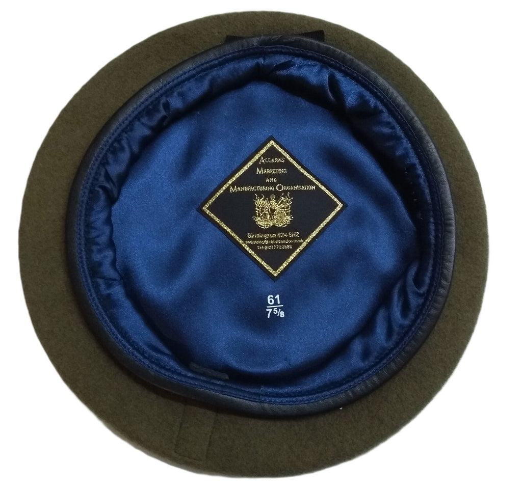 Khaki Beret Cap Allarms UK Pattern Wool / Silky Lining & Leather Trim 61cm
