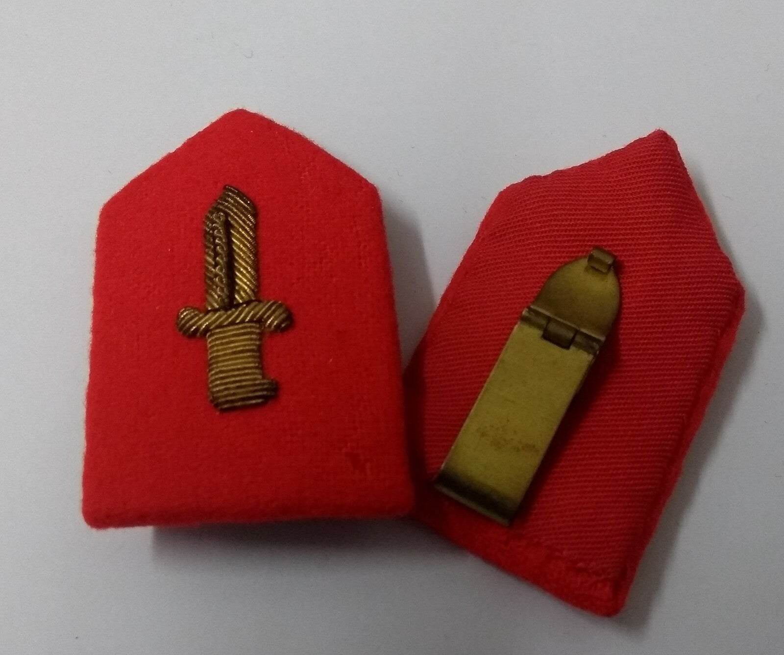 Army Gorgets Gold Braided Knife / Dagger / Bayonet on Red Felt With Clip Back