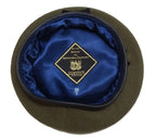 Khaki Beret Cap Allarms UK Pattern Wool / Silky Lining & Leather Trim 56cm