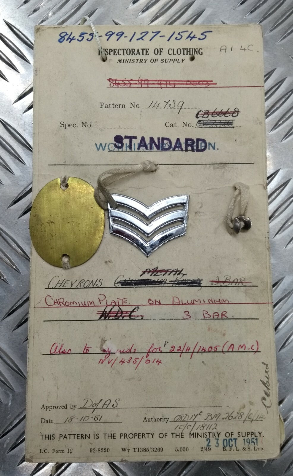 Genuine Vintage British Army Inspectorate of Stores Metal Badge Sample Card 1951