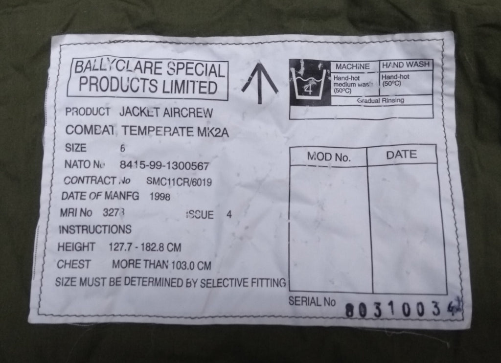 RAF Royal Air Force Aircrew Jacket MK2A Ballyclare Temperate Jacket Size 6 Camouflage 1998 Issue