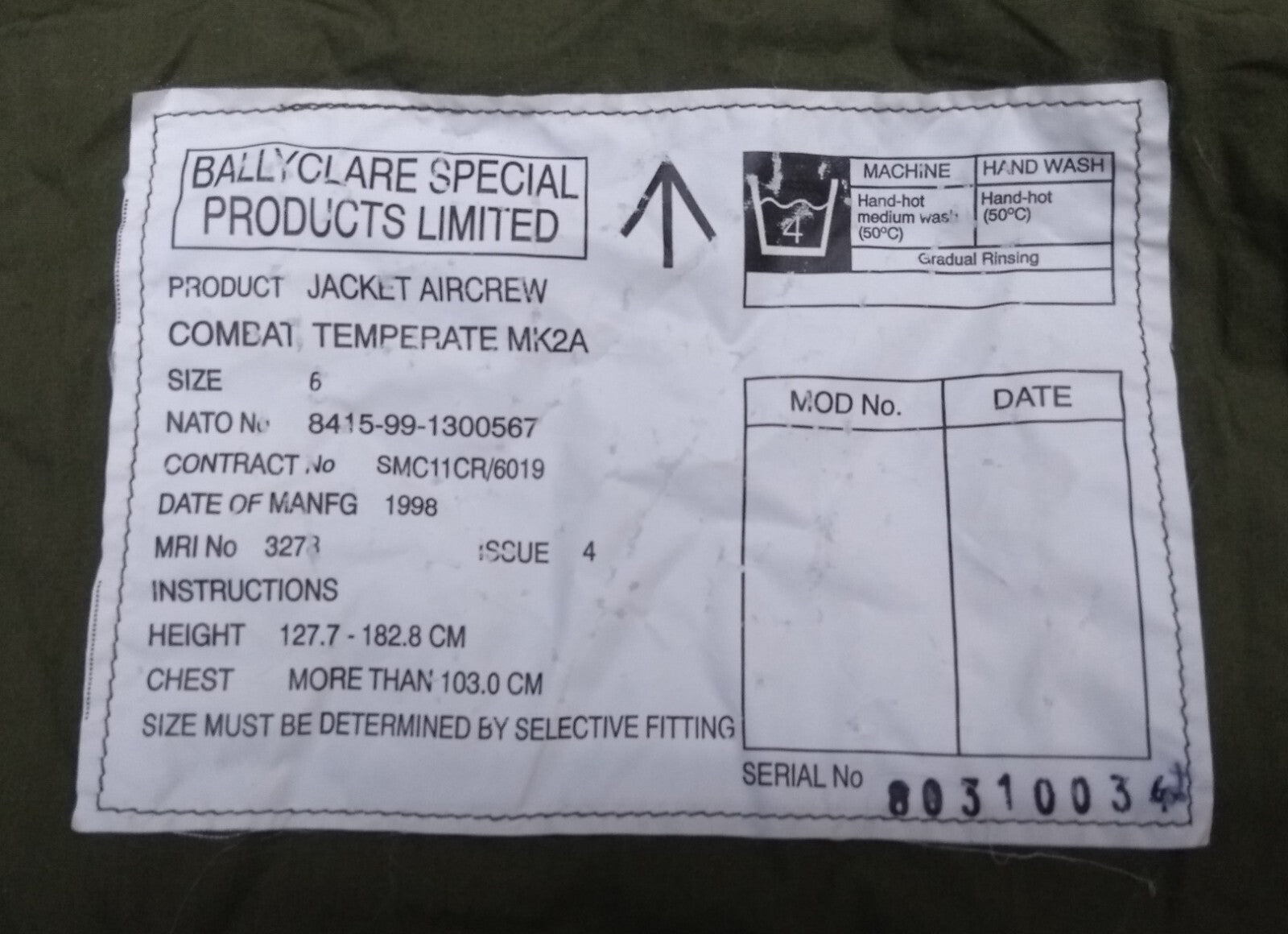 RAF Royal Air Force Aircrew Jacket MK2A Ballyclare Temperate Jacket Size 6 Camouflage 1998 Issue