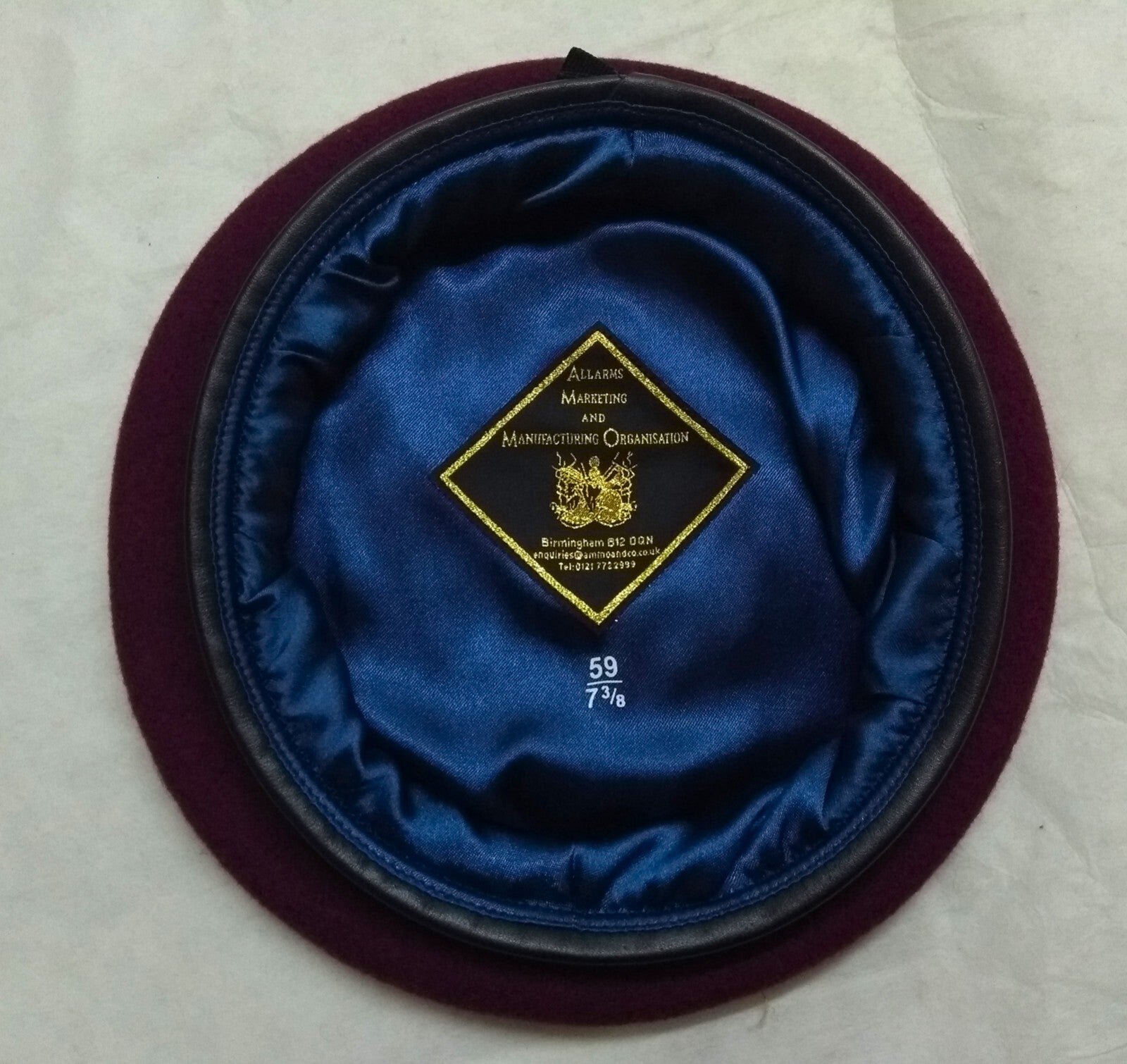 Maroon Beret Army Allarms UK Pattern Wool / Silky Lining & Leather Trim 58cm