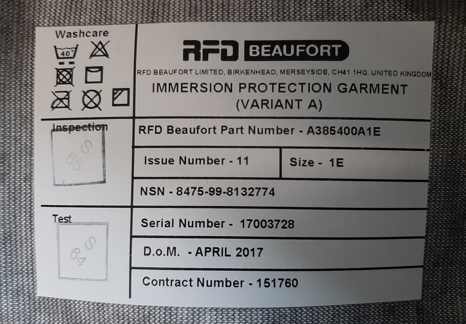 RFD Immersion Suit British Fast Jet Beaufort IPG Variant A Size 1E