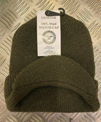 US Black or Olive Peak Radar Hat / Peaked Watch Cap 100% Wool NEW