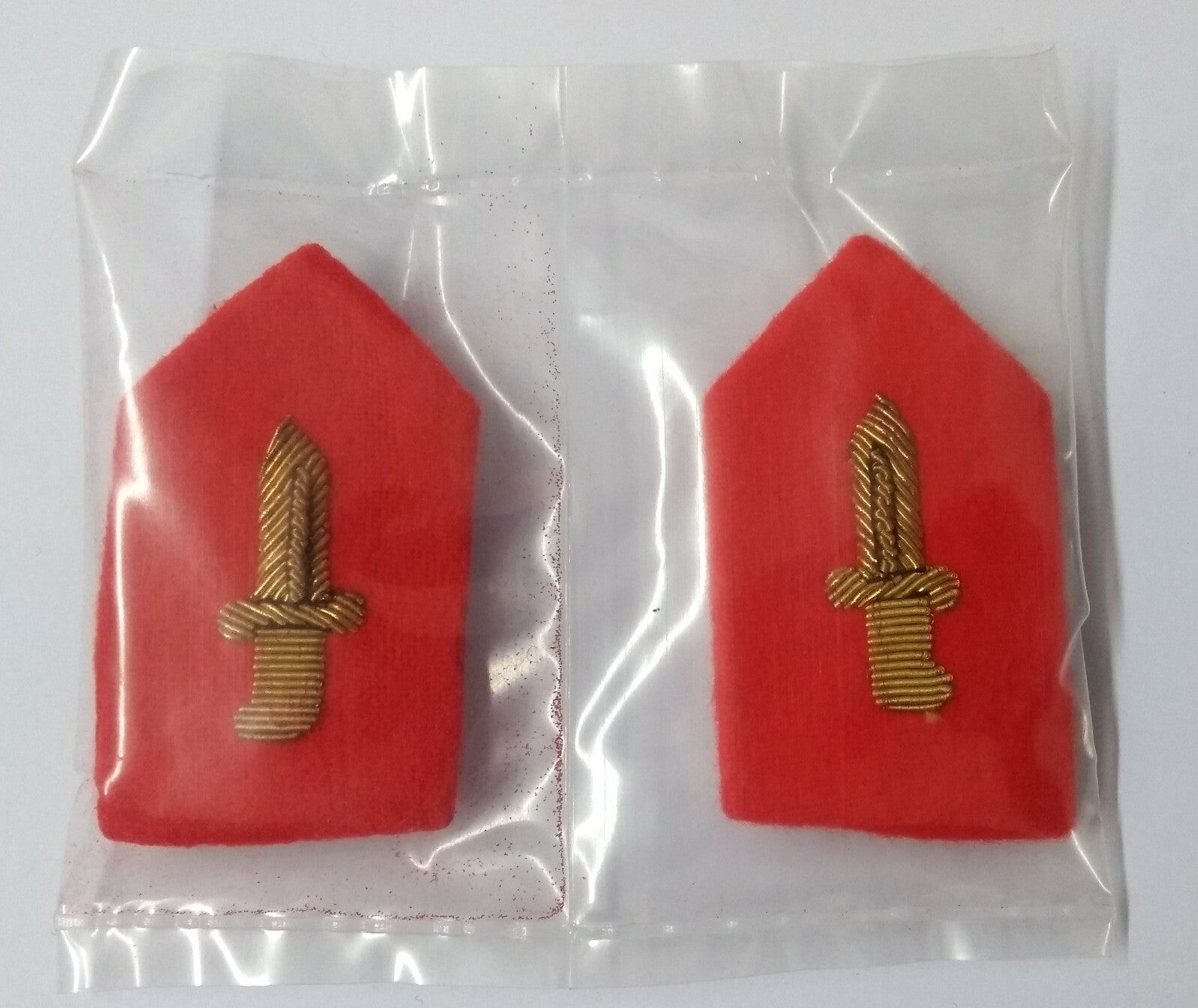 Army Gorgets Gold Braided Knife / Dagger / Bayonet on Red Felt With Clip Back
