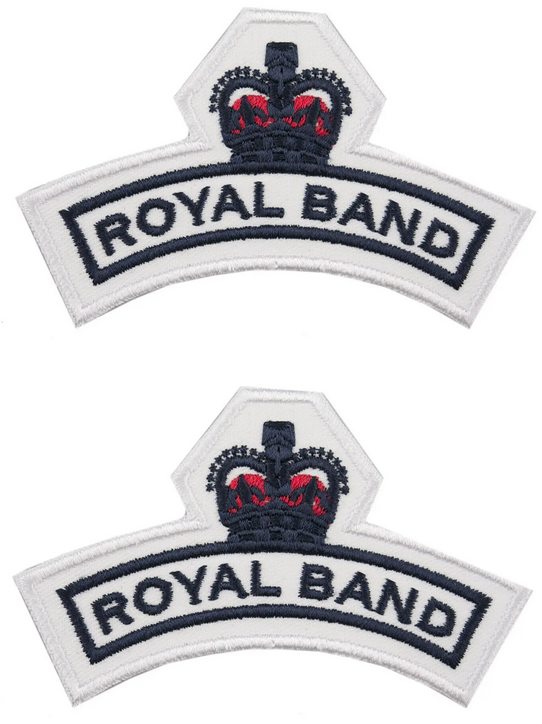Royal Navy Band Shoulder Titles Flash Badges Queen's Crown Blue on White
