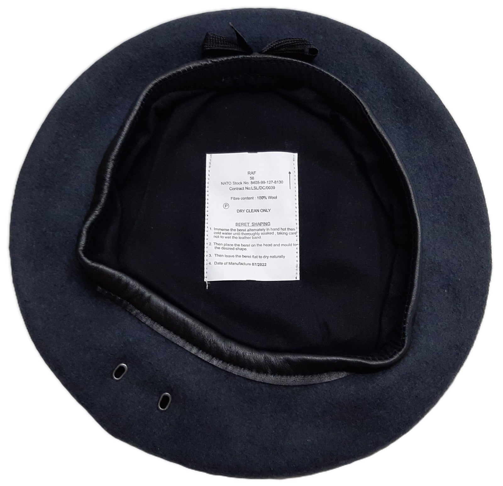 RAF Royal Air Force Beret Knitted Wool Blue Grey With Leather Rim & Badge Eyelets 56cm New