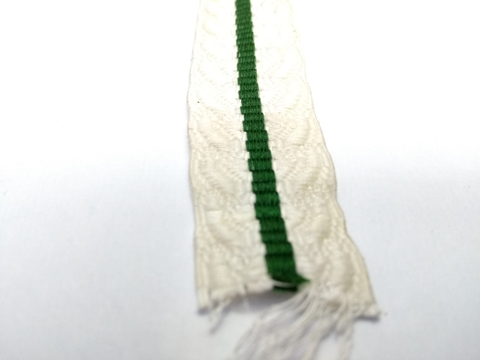White Cotton Lace with Green Stripe 7/8" Made in France