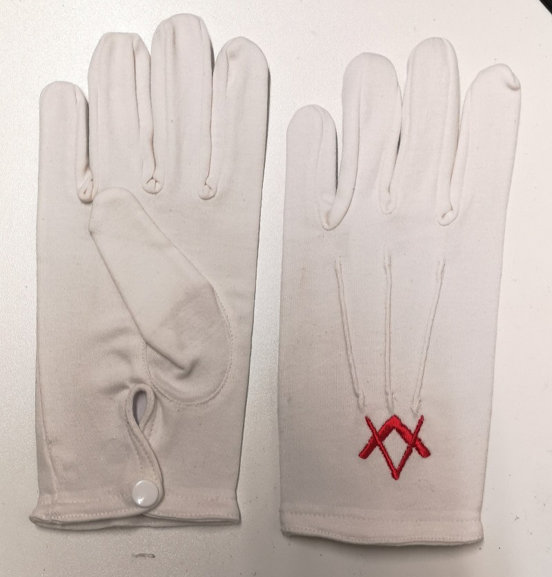 3 Dart White Cotton Gloves with Masonic Square & Compass Insignia Size Small