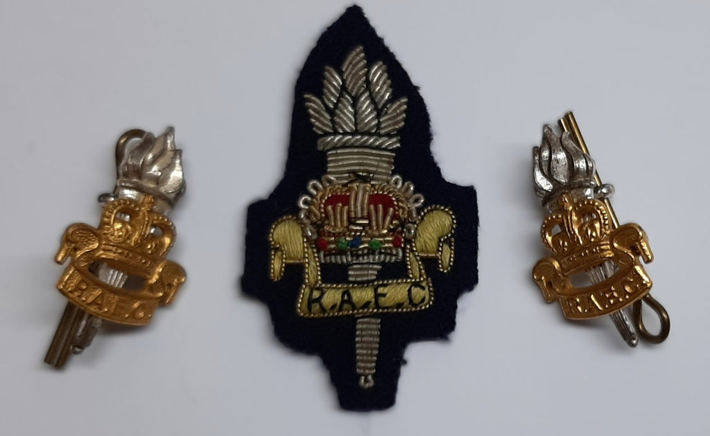 RAEC Hat / Cap Badge and Collar Badges Hand Embroidered Vintage R.A.E.C