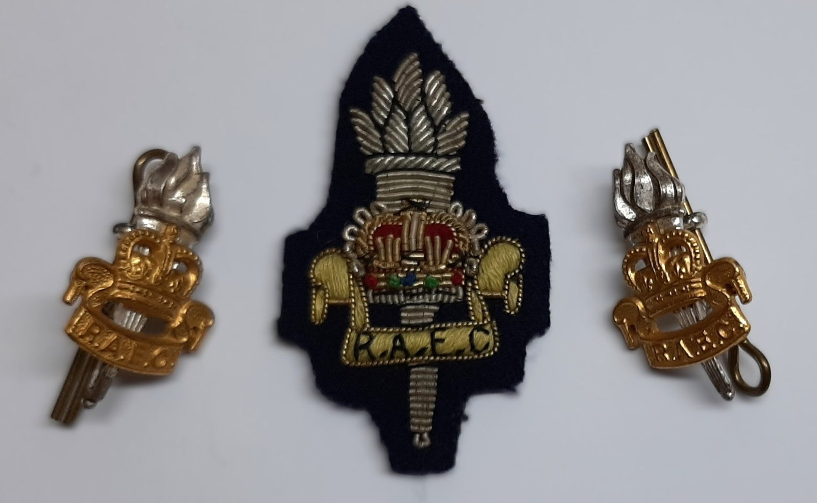 RAEC Hat / Cap Badge and Collar Badges Hand Embroidered Vintage R.A.E.C