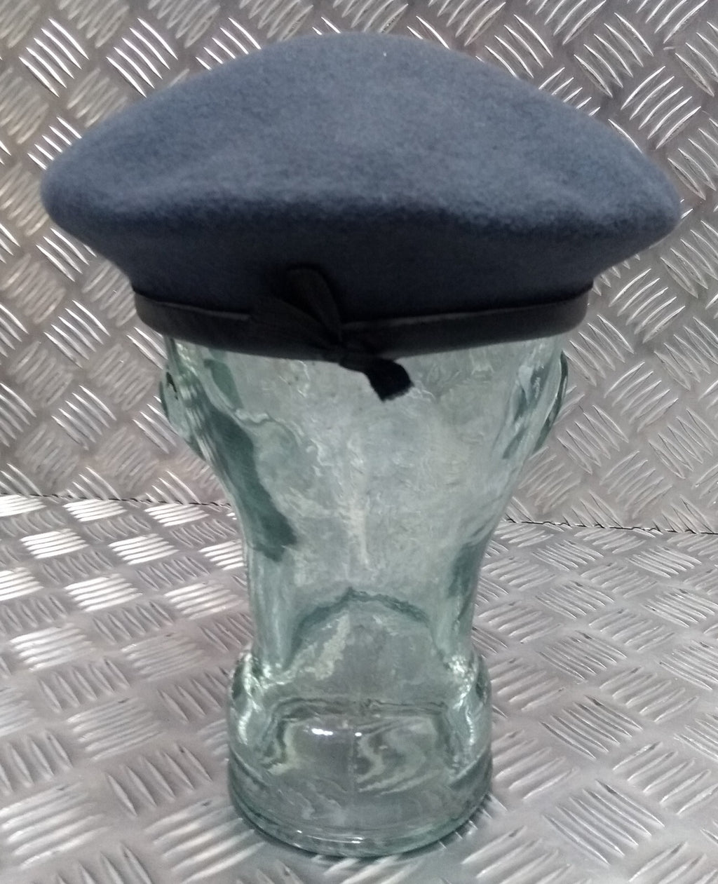 RAF Royal Air Force Beret Knitted Wool Blue Grey With Leather Rim & Badge Eyelets 53cm New