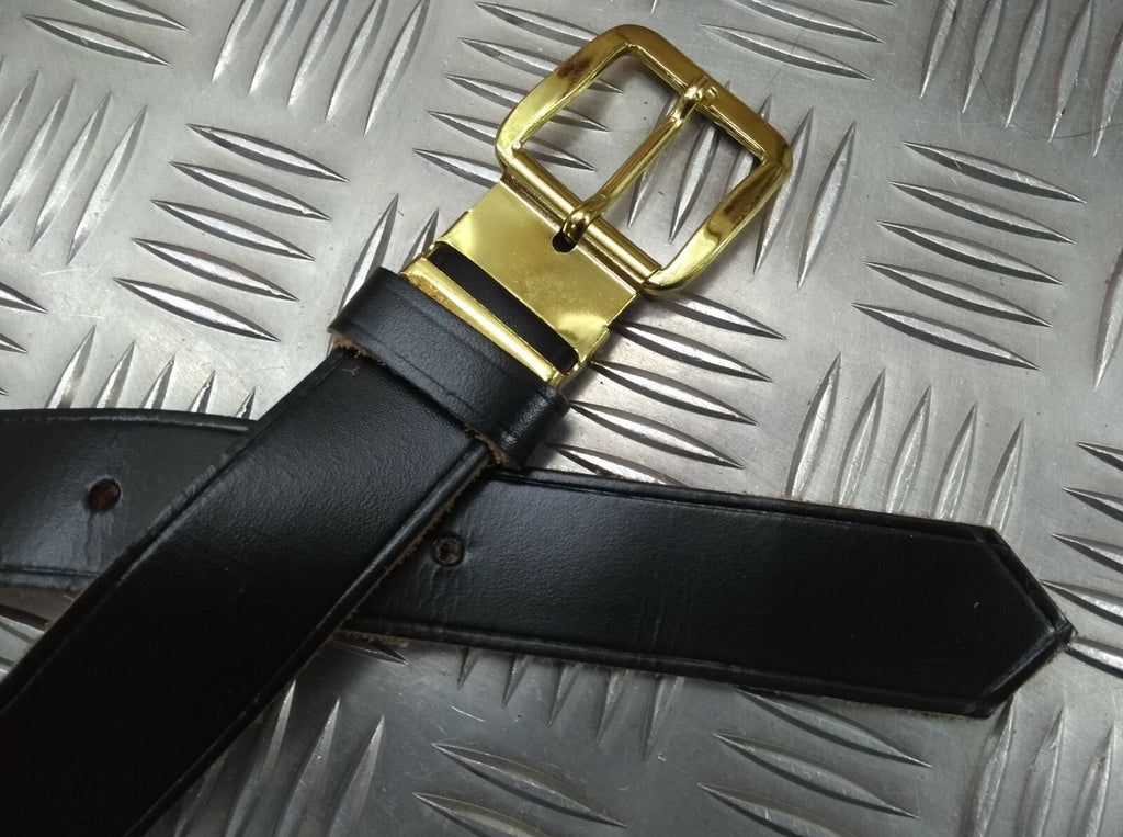 Black Leather 3cm Trouser Belt With Gilt Type Long Bar Buckle 34"
