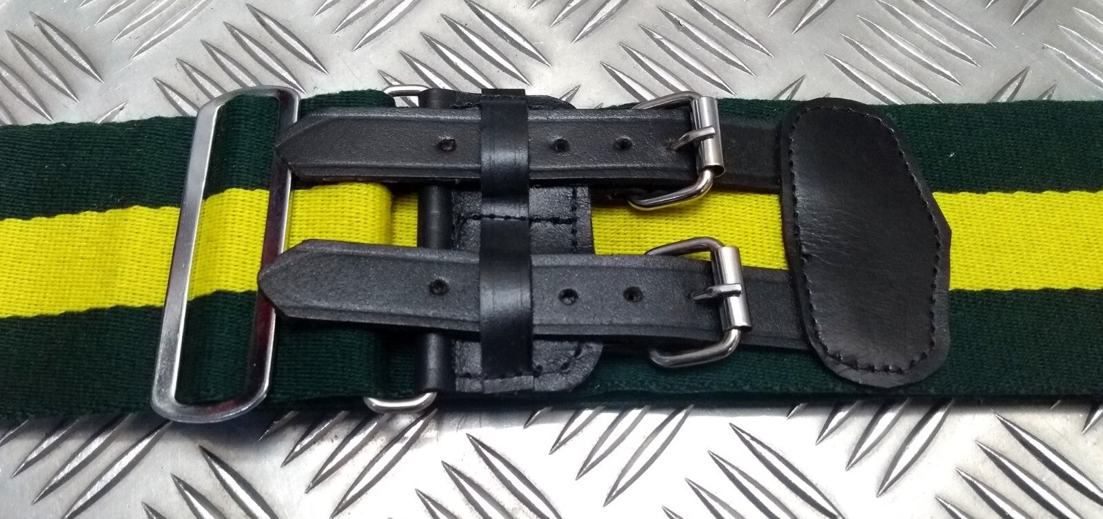 Stable Belt 75mm Green with Yellow Stripes Double Leather Straps UK Made LARGE