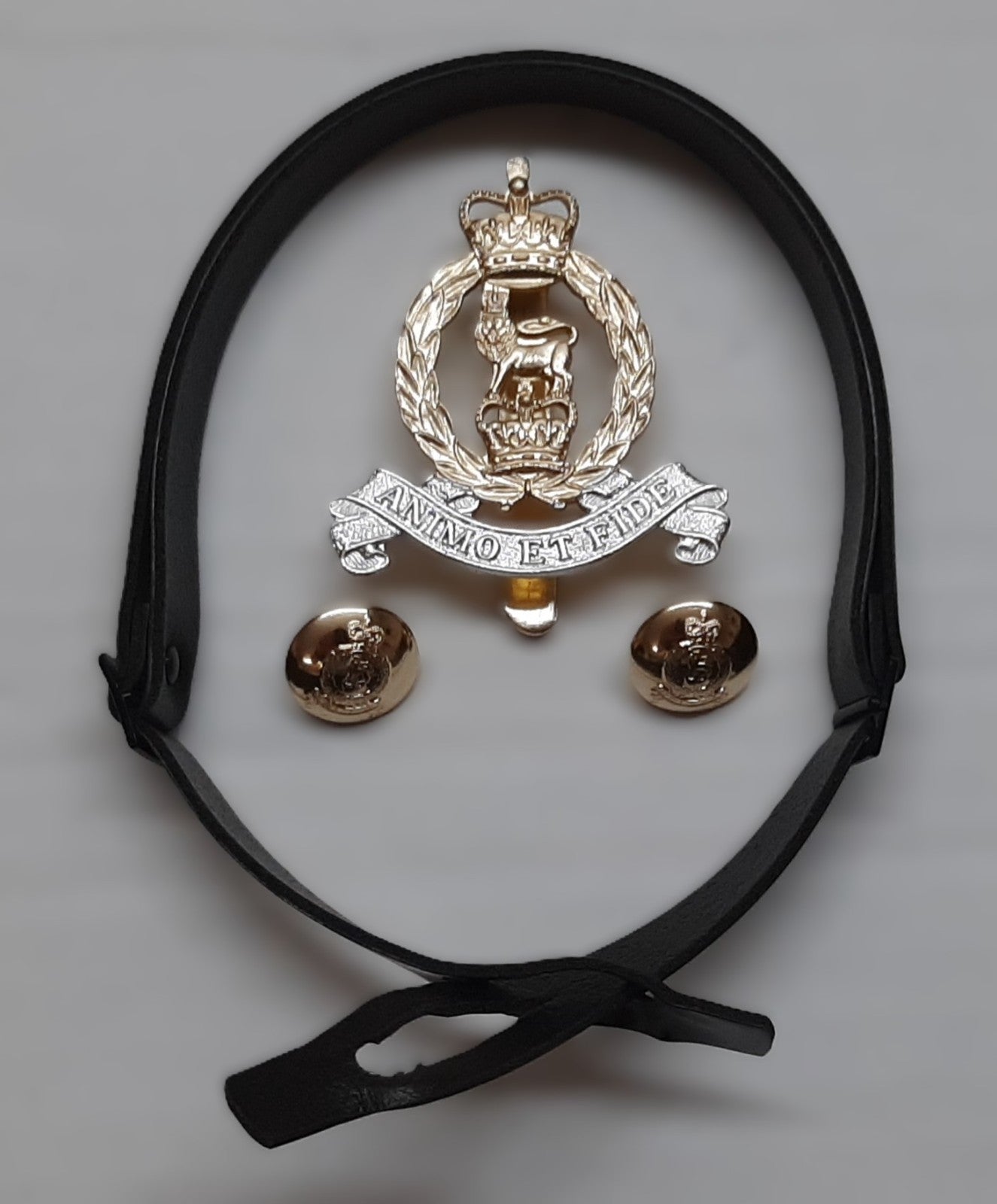 AGC British Army Hat Badge Buttons and Chin Strap Set "Animo et fide"