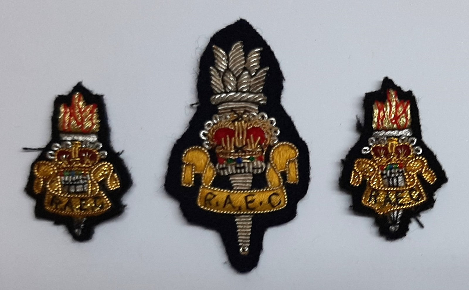 RAEC Vintage Hat / Cap Badge and Lapel Badges Hand Embroidered