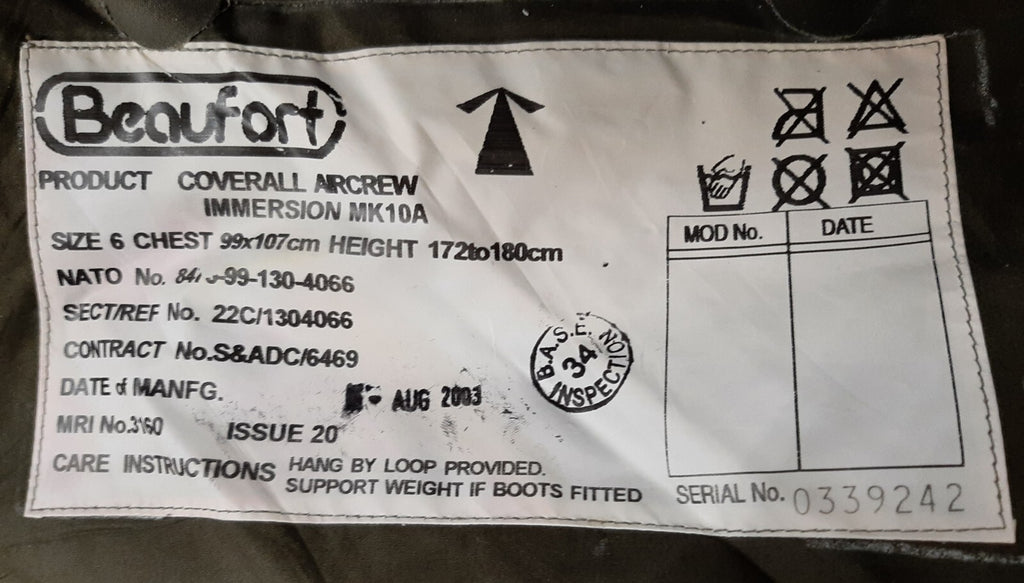 MK10A Coverall Immersion Suit Aircrew Beaufort M L Equipment