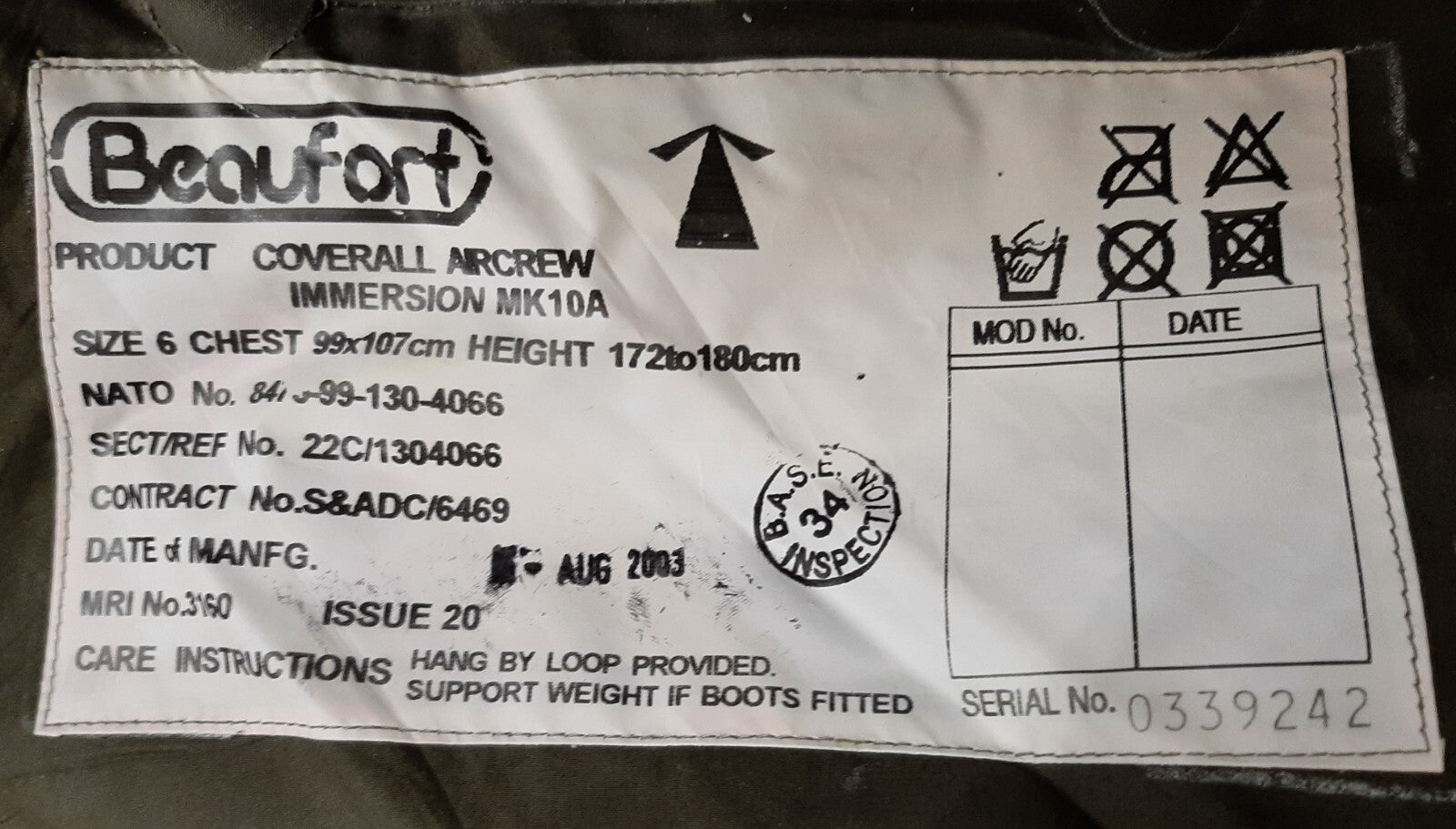 MK10A Coverall Immersion Suit Aircrew Beaufort M L Equipment