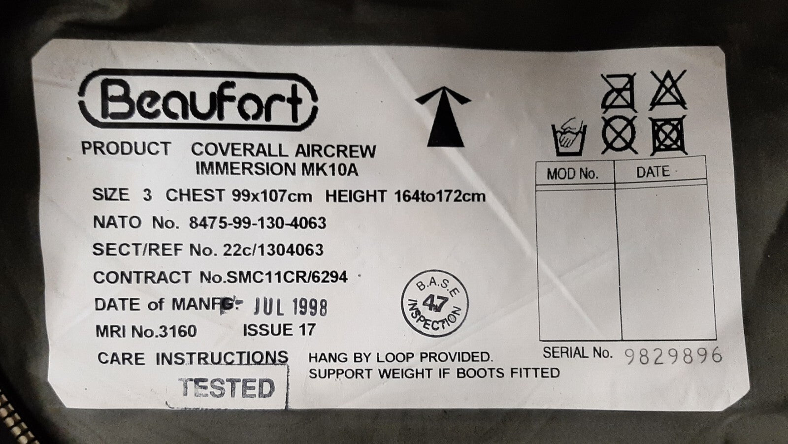 MK10A Coverall Immersion Suit Aircrew Beaufort M L Equipment