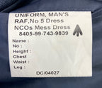 RAF Royal Air Force No5 Jacket Airforce Blue Grey Colour Mess Dress Mens Size 104cm X-Long