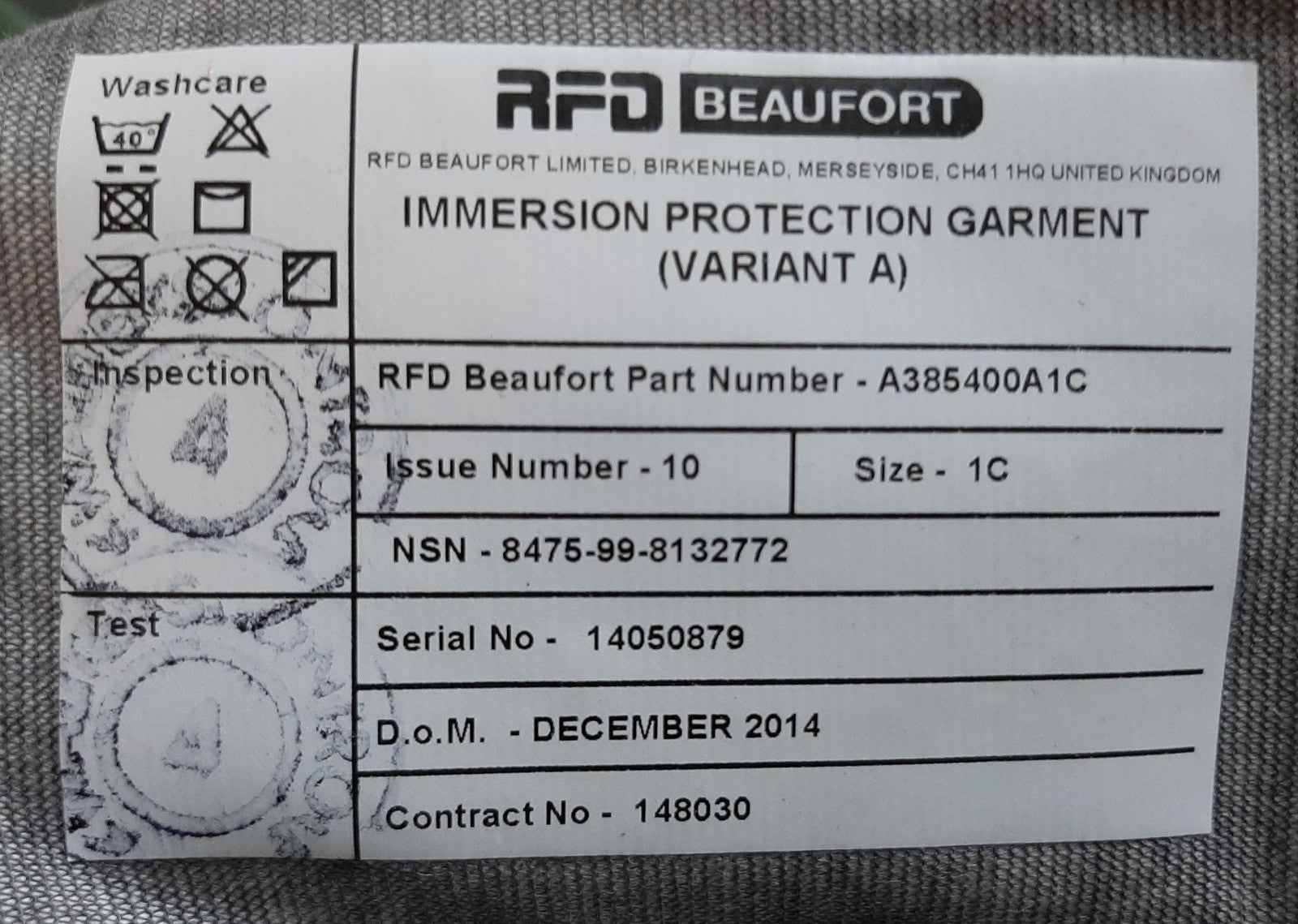 RFD Immersion Suit British Fast Jet Beaufort IPG Variant A Size 1C