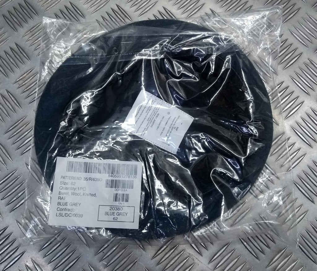 RAF Royal Air Force Beret Knitted Wool Blue Grey With Leather Rim & Badge Eyelets 62cm New