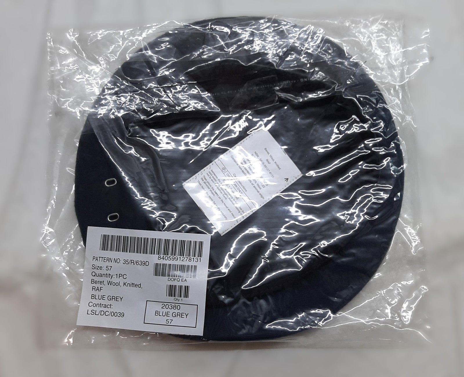 RAF Royal Air Force Beret Knitted Wool Blue Grey With Leather Rim & Badge Eyelets 57cm New