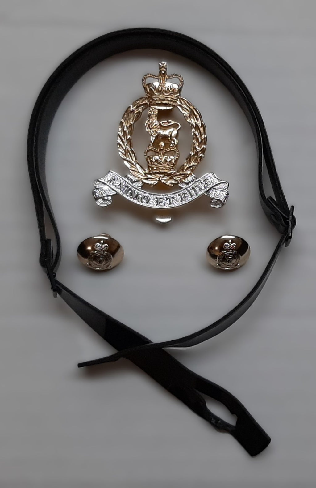 AGC British Army Hat Badge Buttons and Chin Strap Set "Animo et fide"