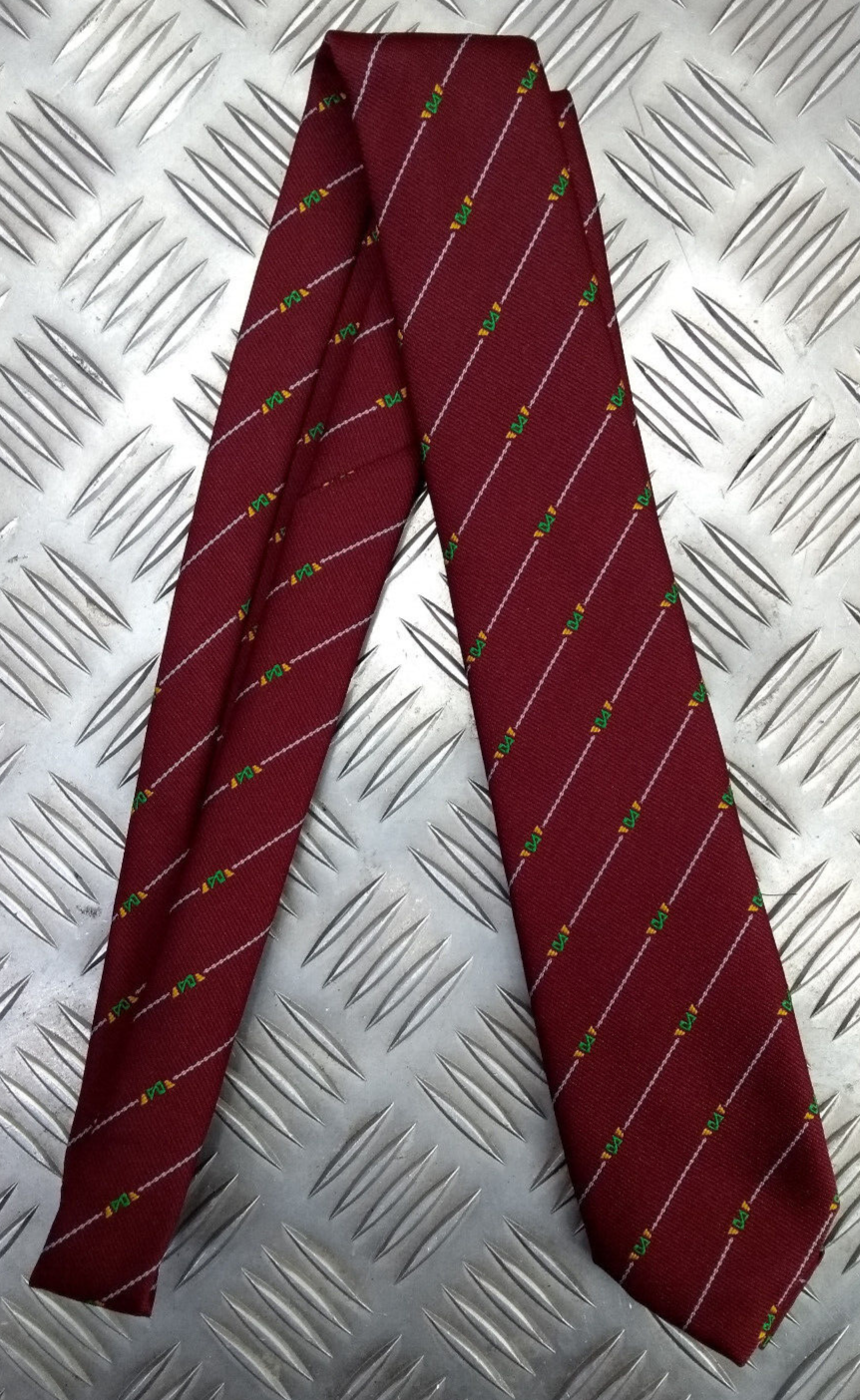White Striped Maroon Tie with Unidentified Green & Yellow Symbol Pattern - NEW