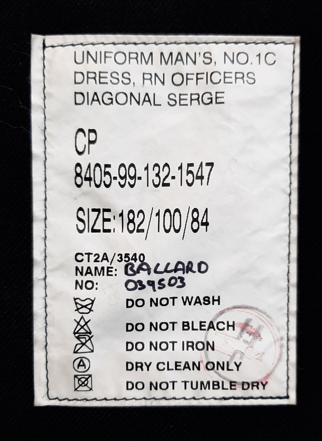 No1C Naval Jacket Diagonal Serge RN Sub Lt Curls 100cm Long