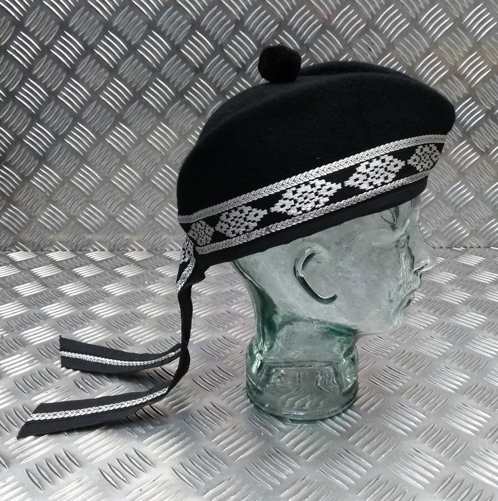 Glengarry Pipers Hat Black Pom With Silver Detailing 100% Wool Made in The UK