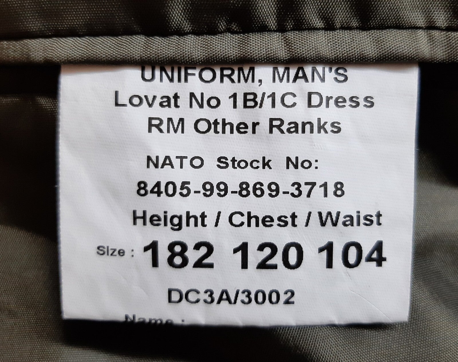 RM No1B/1C Jacket Lovat British Marine Green Size in description