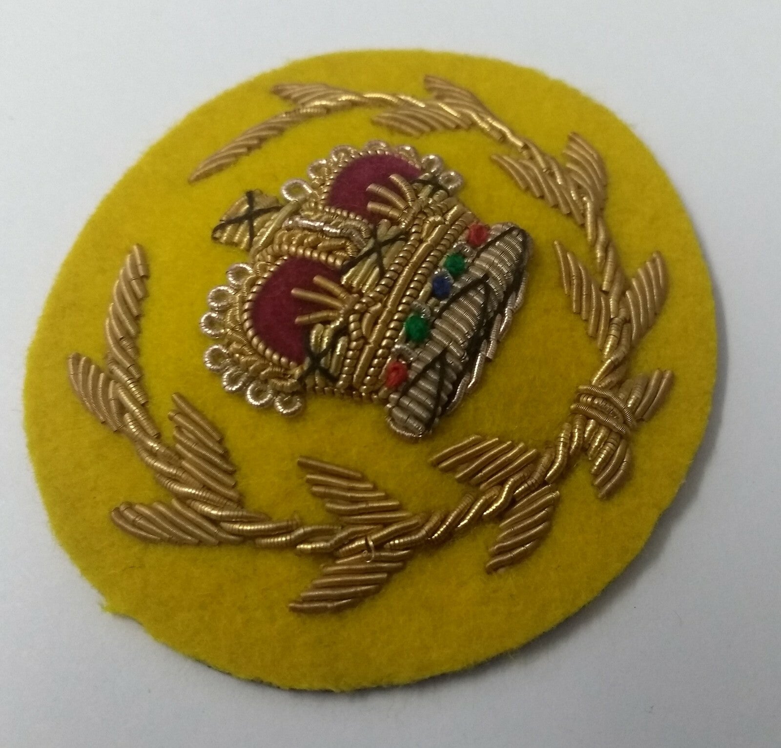 Genuine Vintage British Army Braided RQMS Laurel Crown on Yellow Felt