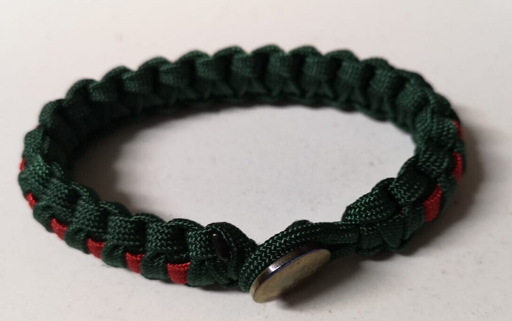Red and Green Paracord Bracelet Wristband with Irish Harp Insignia Metal Button