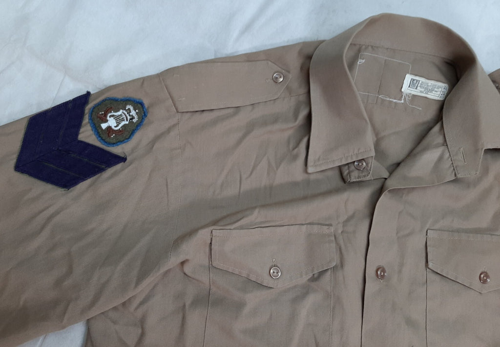 Vintage Dress Shirt Old Pattern Khaki / Brown Long Sleeve With Badges C:41cm