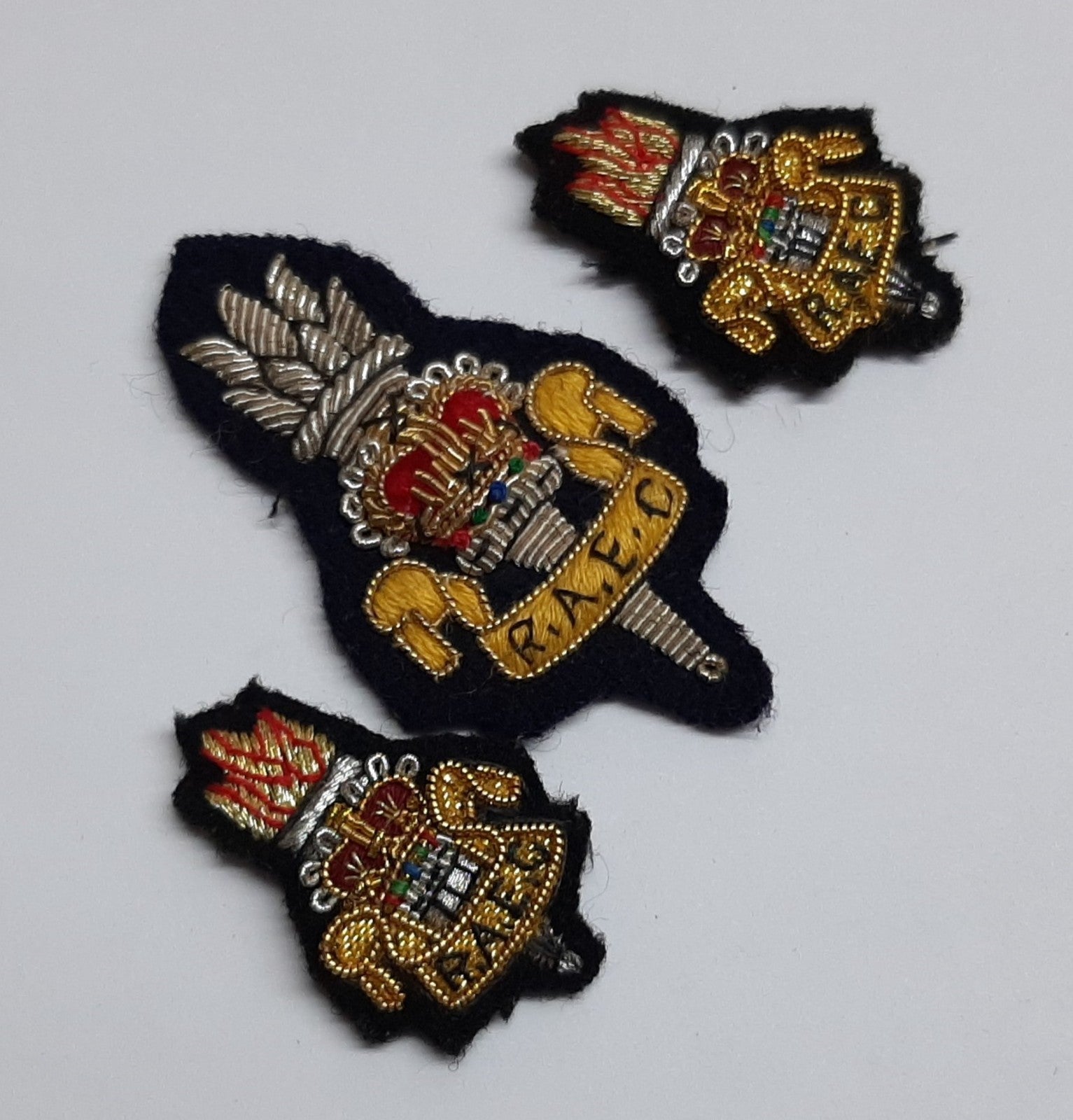 RAEC Vintage Hat / Cap Badge and Lapel Badges Hand Embroidered