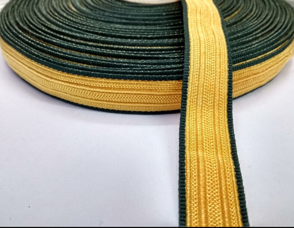 Gold Coloured Braid / Lace / Ribbon with Green Border 15mm Genuine British Made