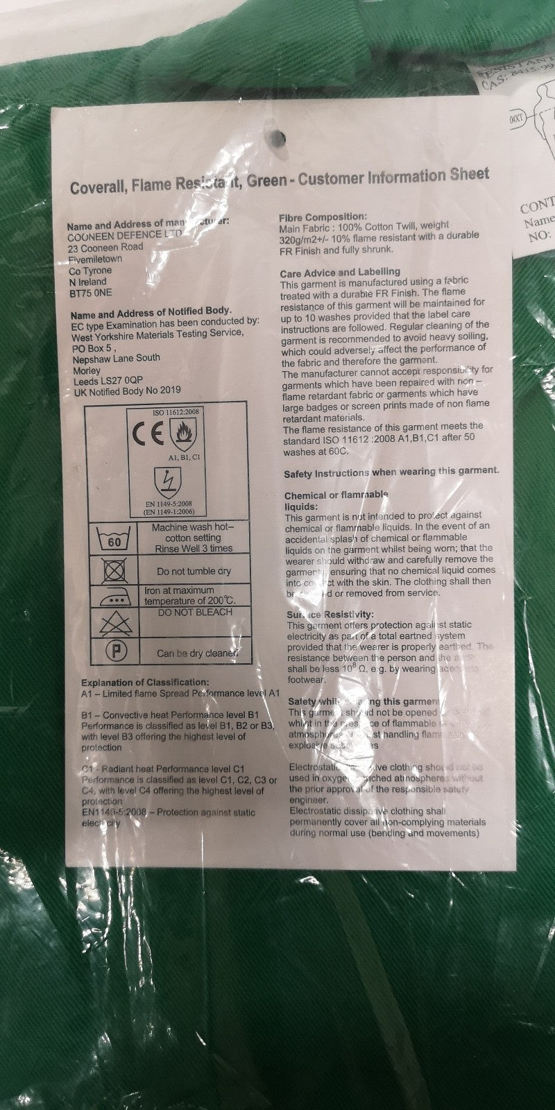 Green Flame Resistant Coverall Chest 100-104cm Height 182-194cm British