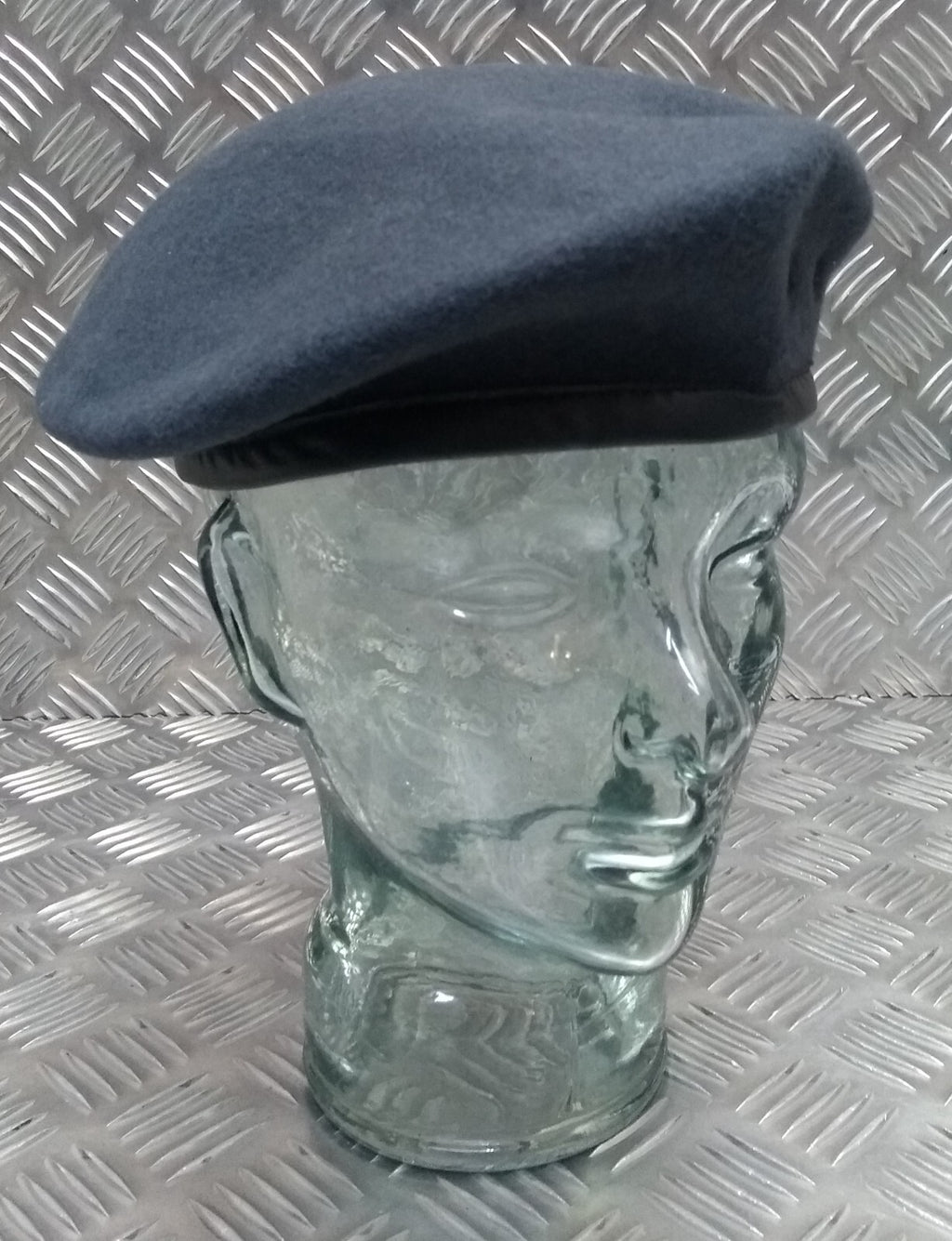 RAF Royal Air Force Beret Knitted Wool Blue Grey With Leather Rim & Badge Eyelets 53cm New