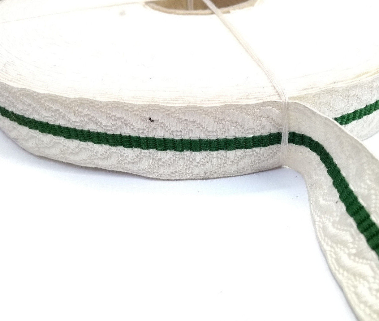 White Cotton Lace with Green Stripe 7/8" Made in France