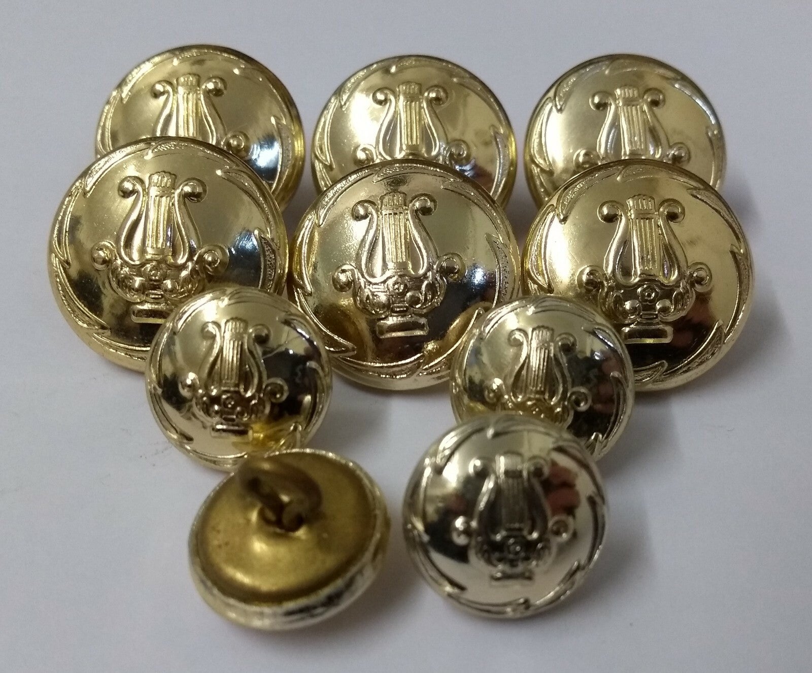 Lyre Harp Band Insignia Dress Uniform Ring Back Buttons 1 Set of 10 Buttons