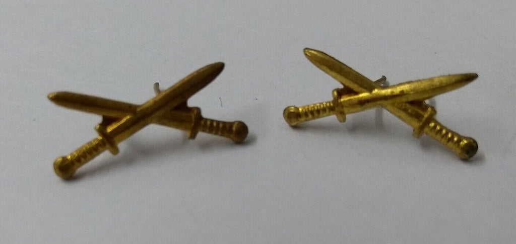 Vintage Insignia Badges Small Crossed Swords Prong Fittings 1 Pair Gold Coloured